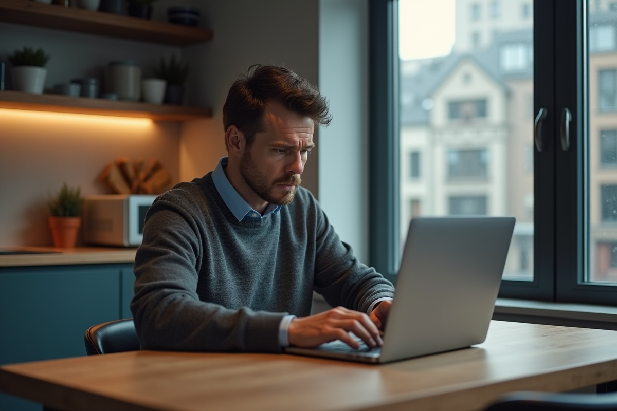 Homme d'âge moyen frustré devant un ordinateur portable