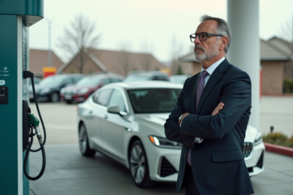 Homme d'affaires contemplant une pompe à hydrogène à la station