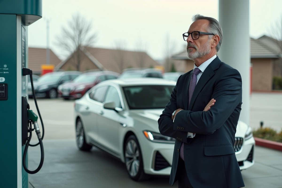 Homme d'affaires contemplant une pompe à hydrogène à la station