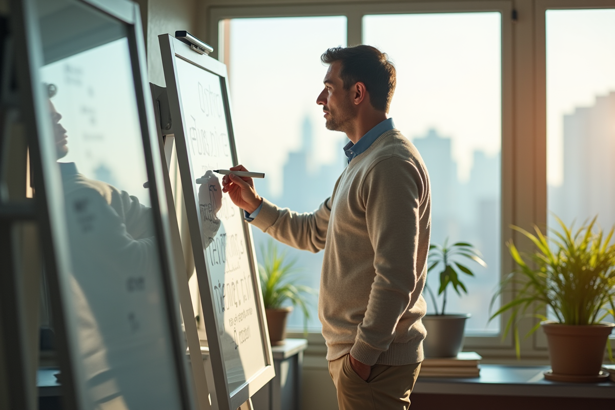 Homme en réunion dans un bureau lumineux avec tableau et vue urbaine