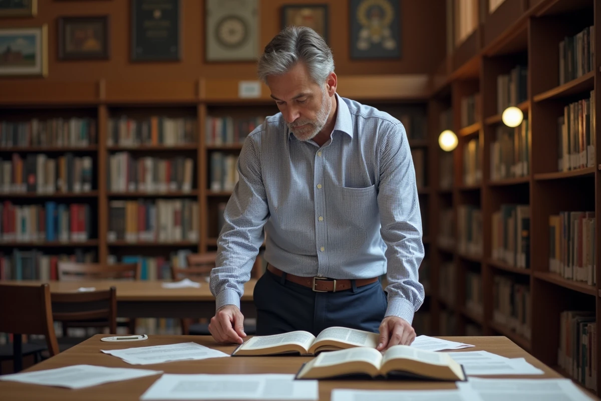 Homme étudiant relisant ses notes dans une bibliothèque