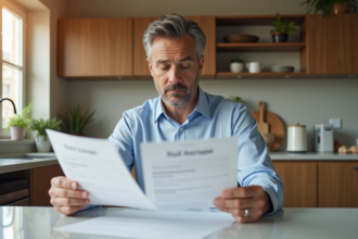 Homme d'âge moyen lisant des documents de prêt immobilier