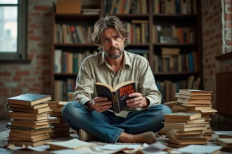 Homme d'âge moyen lisant un livre dans un appartement urbain