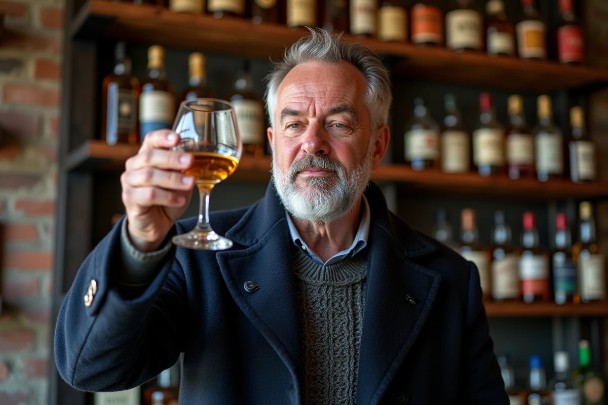 Homme barbu en manteau de marin tenant un verre de whisky et l'examinant devant un bar maritime avec des bouteilles de scotch