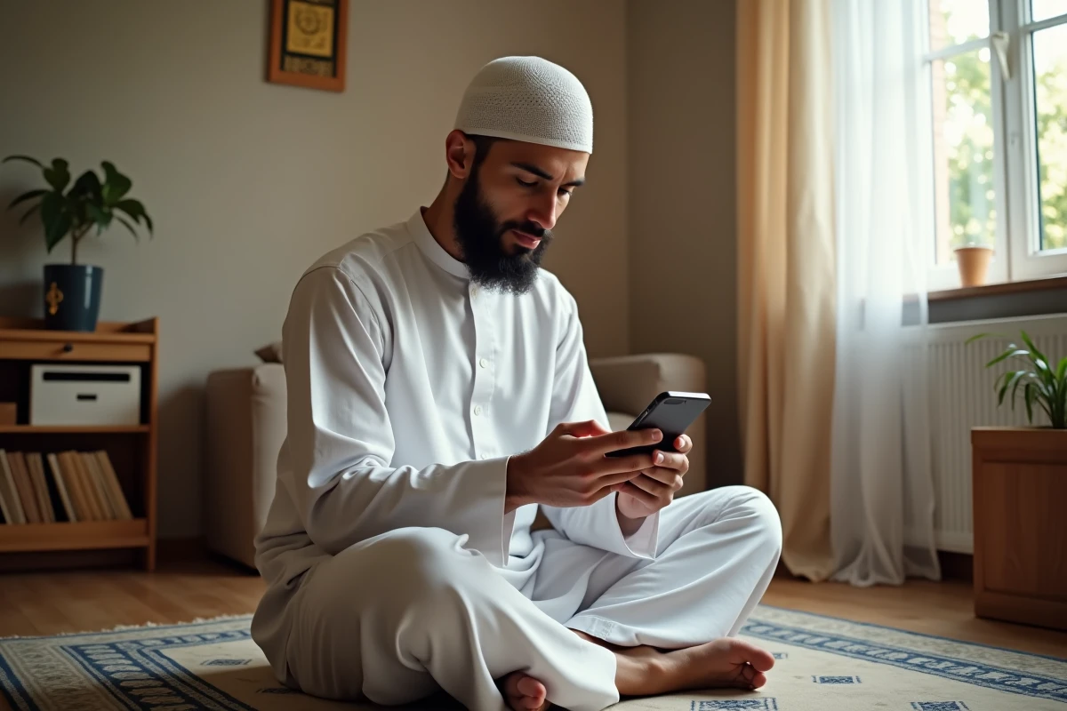 Homme musulman consultant les horaires de prière sur son smartphone à Toulouse
