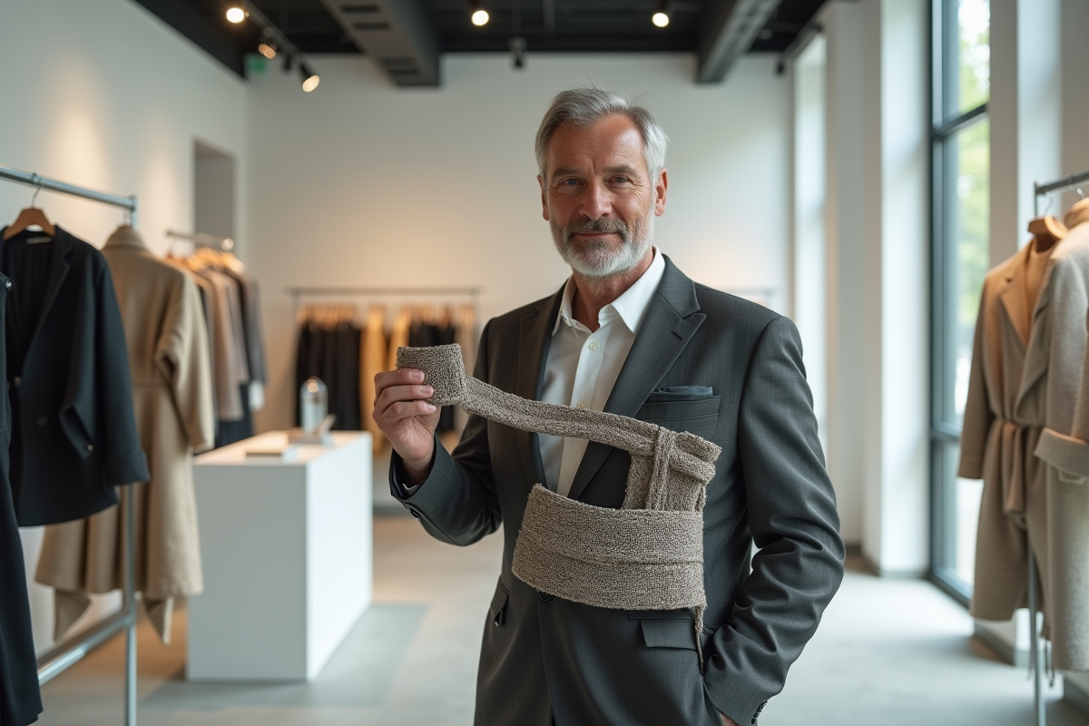 Homme présentant vêtement modulaire dans boutique écologique