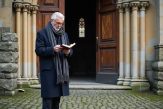 Homme d'âge moyen priant devant une vieille église à Agen