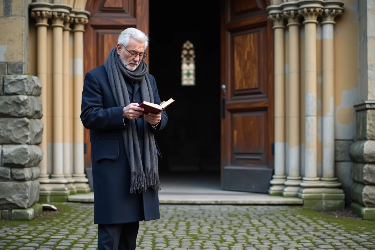 Homme d'âge moyen priant devant une vieille église à Agen