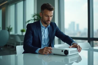 Jeune homme en costume ajusté ajustant un projecteur dans une salle moderne