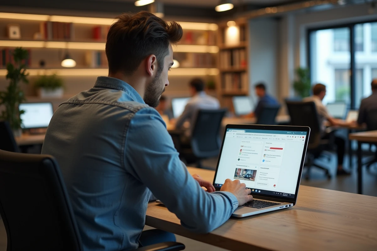 Homme recherchant des offres d'emploi sur ordinateur portable dans un espace de coworking moderne