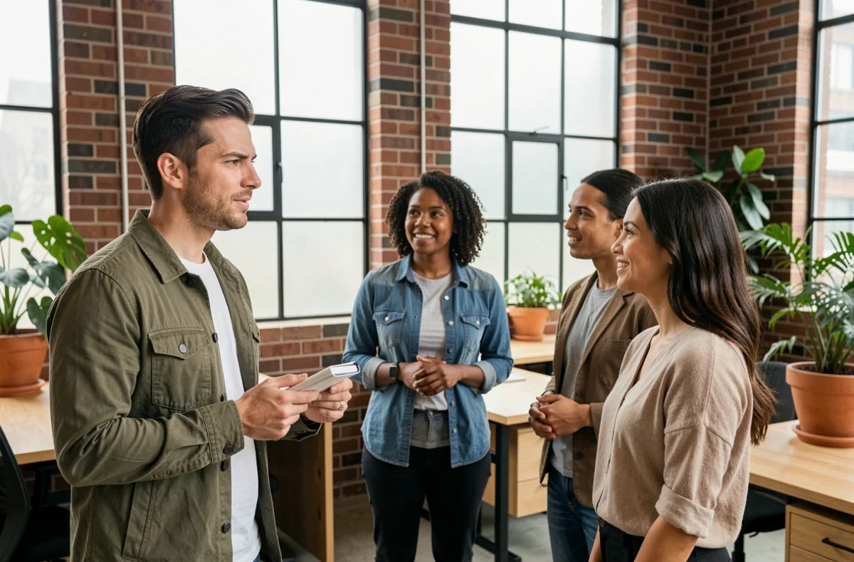 Homme qui ose rejoindre un groupe de collègues dans un espace de coworking moderne, symbolisant le courage des rencontres professionnelles