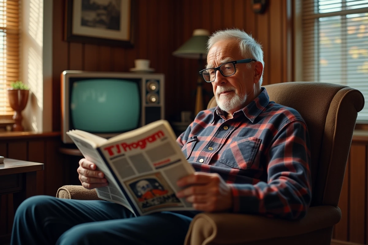 Homme retraité lisant le programme télé de l'après-midi dans un magazine papier, assis dans un fauteuil confortable dans son bureau