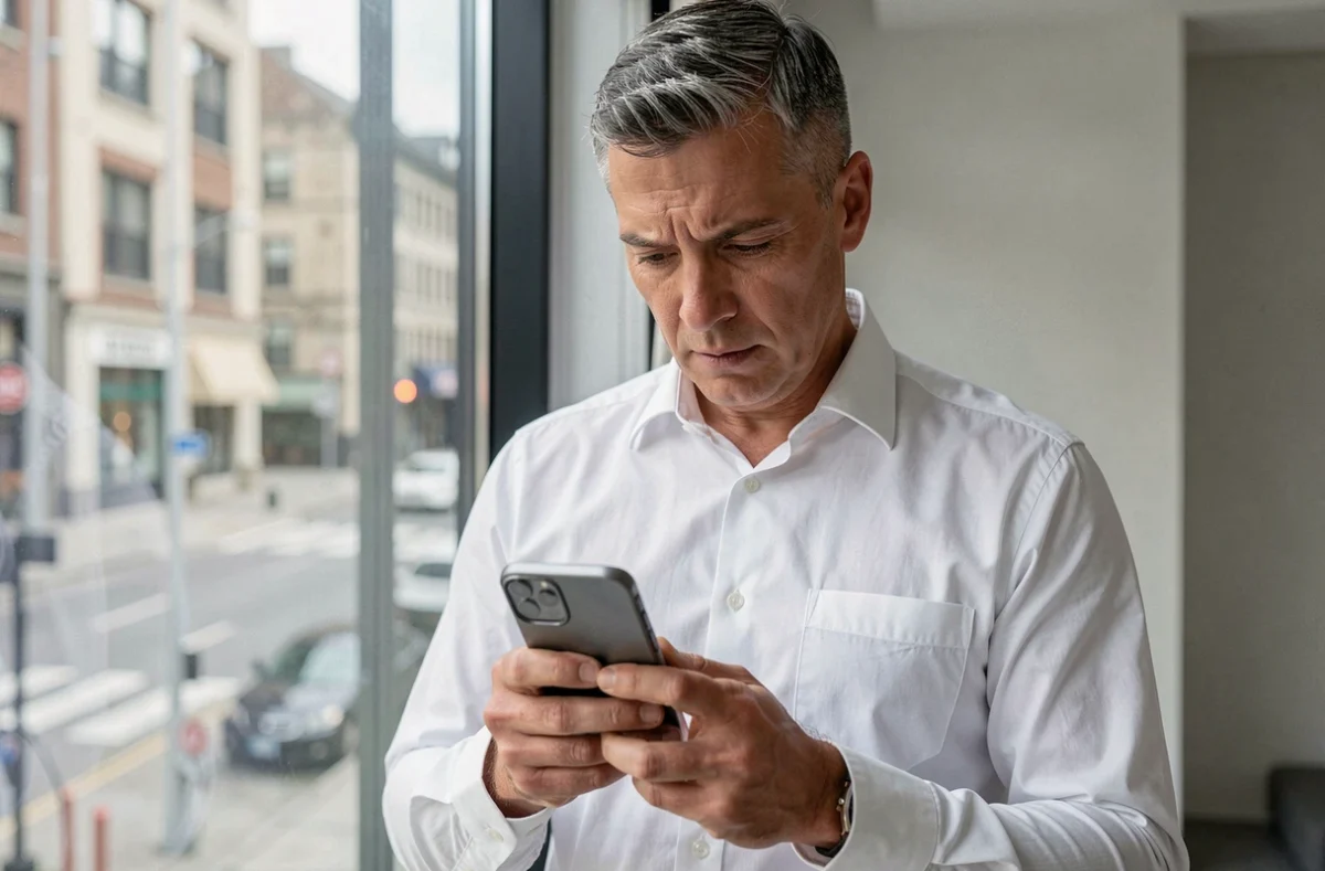 Homme consultant son smartphone pour trouver le vrai lien d'accès à Govioz en évitant les imposteurs