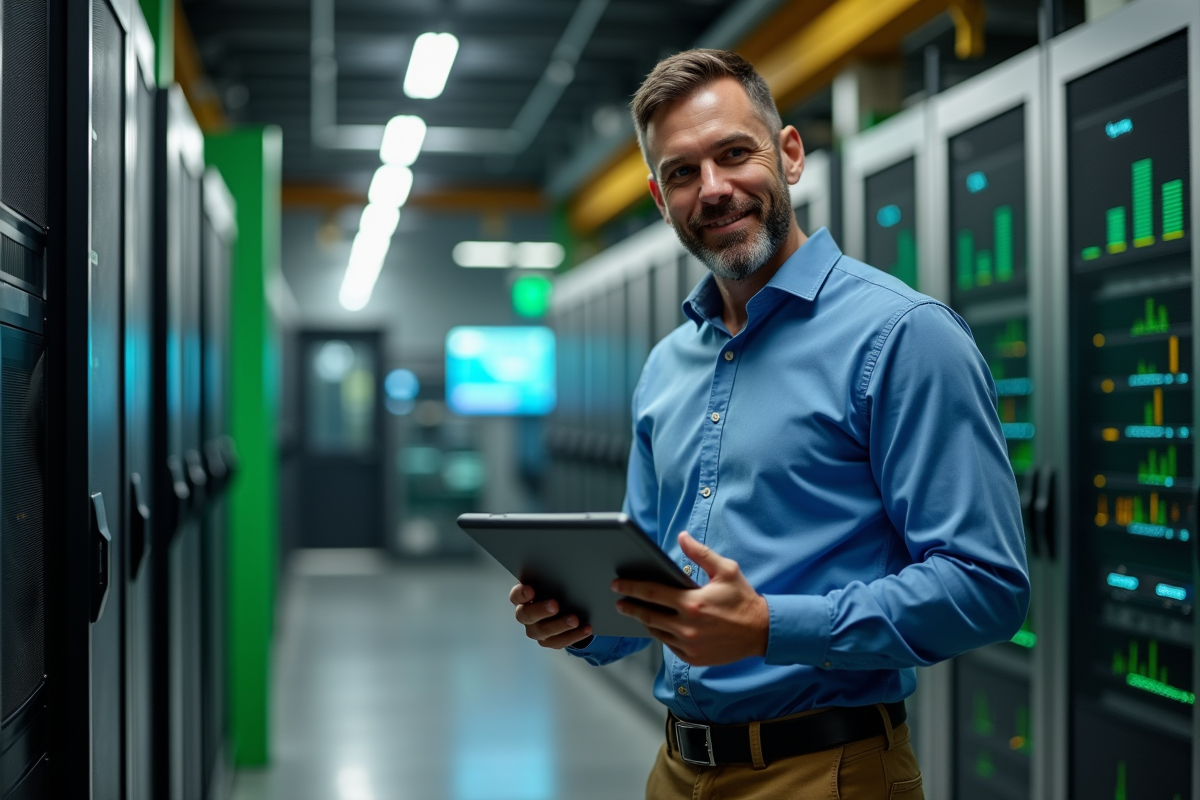 Homme avec tablette dans centre de technologie écologique