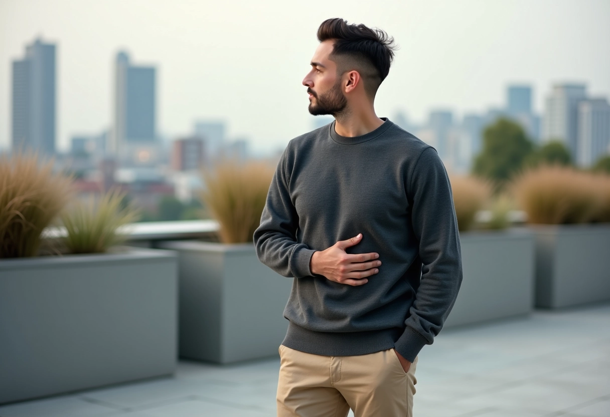 Homme en pull minimaliste regardant la ville depuis une terrasse urbaine