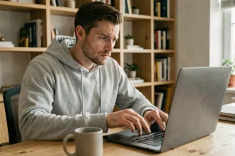 Homme vérifiant l'authenticité d'un site web sur son ordinateur portable pour éviter les faux sites Govioz