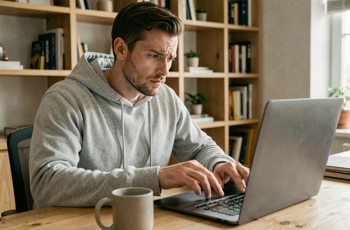 Homme vérifiant l'authenticité d'un site web sur son ordinateur portable pour éviter les faux sites Govioz