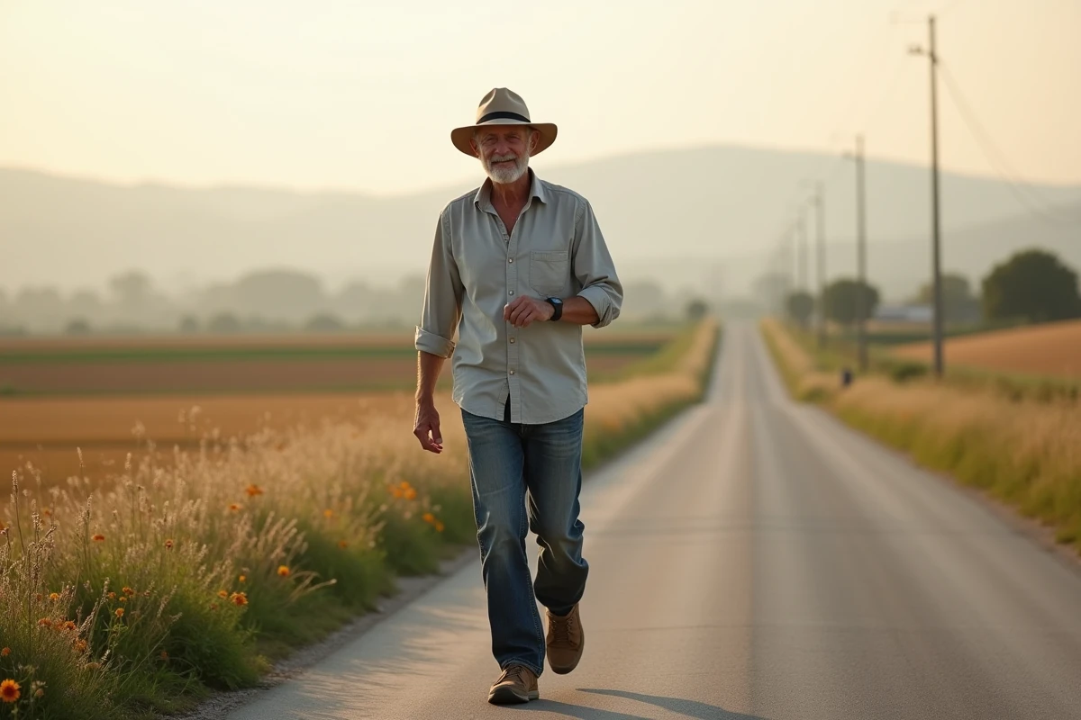 Homme âgé marchant sur une route de campagne ensoleillée