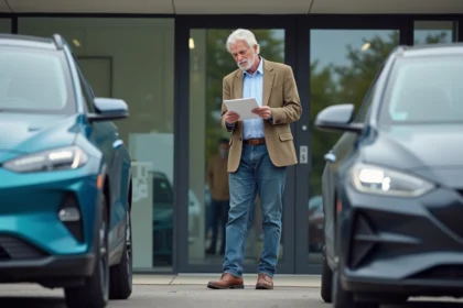 Homme examine deux voitures hybrides en concession