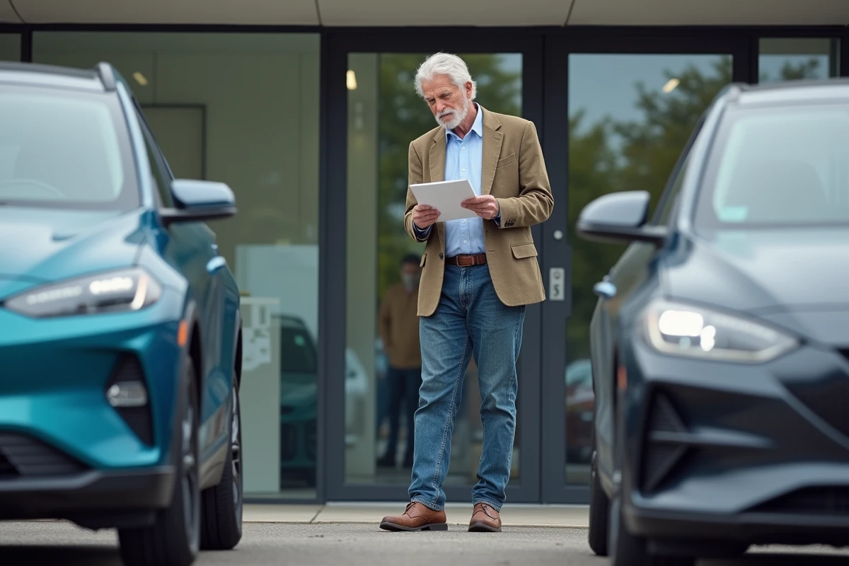 Homme examine deux voitures hybrides en concession