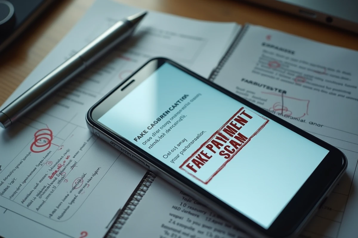 Vue de dessus d'un bureau avec un smartphone affichant une fausse confirmation de paiement et des notes manuscrites pour identifier une arnaque en ligne