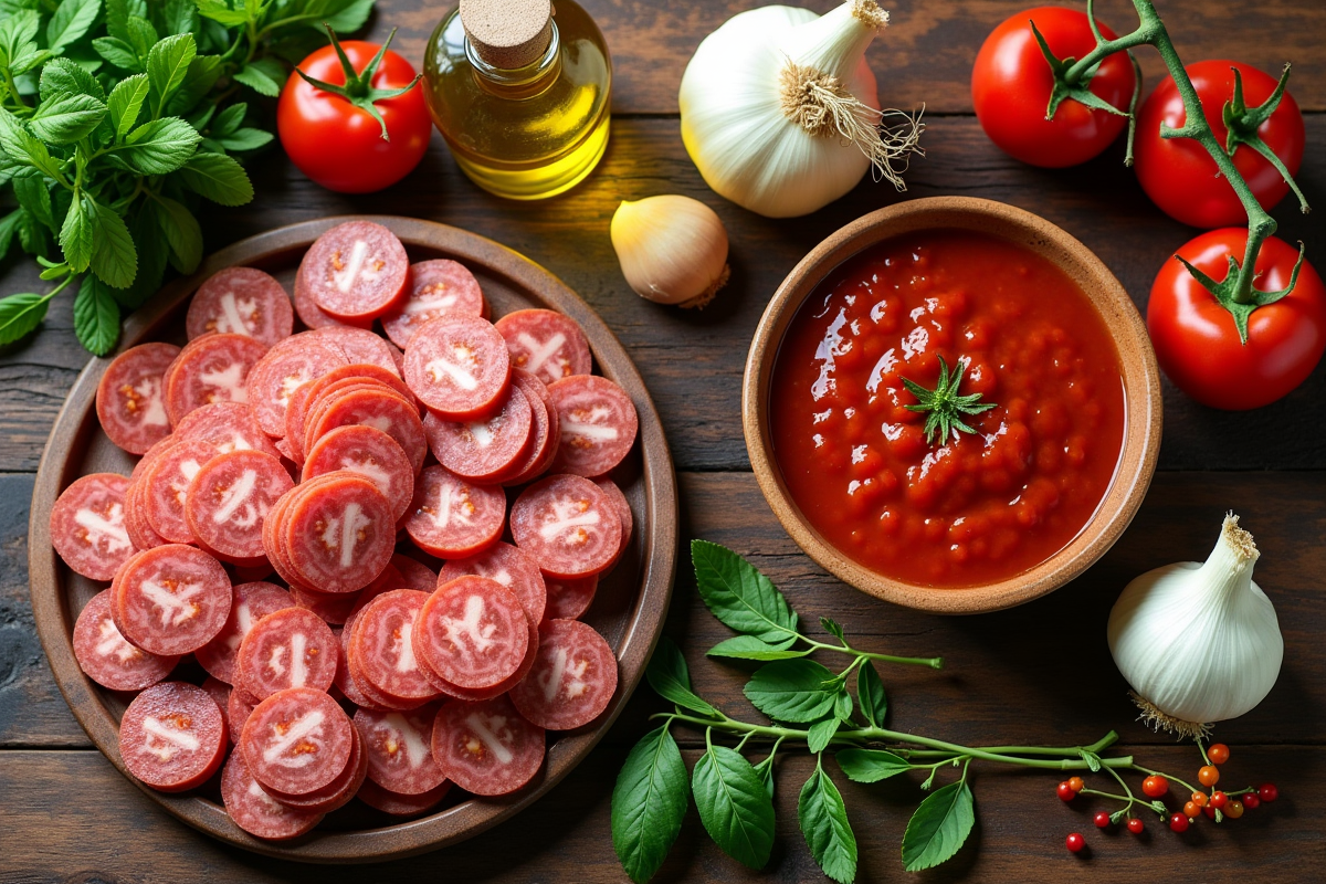 Ingrédients pour sauce chorizo et pâtes sur table en bois