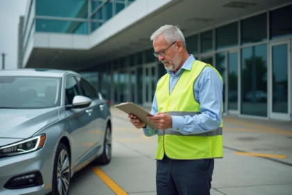 Inspecteur automobile vérifiant un véhicule en extérieur