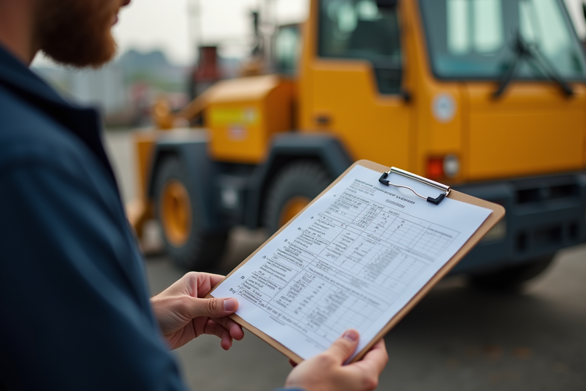 Inspection d une grue d occasion par un ouvrier