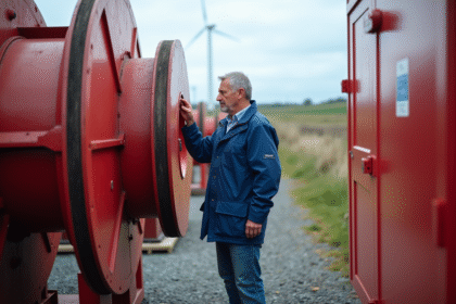Homme inspectant un grand système de stockage d énergie rouge