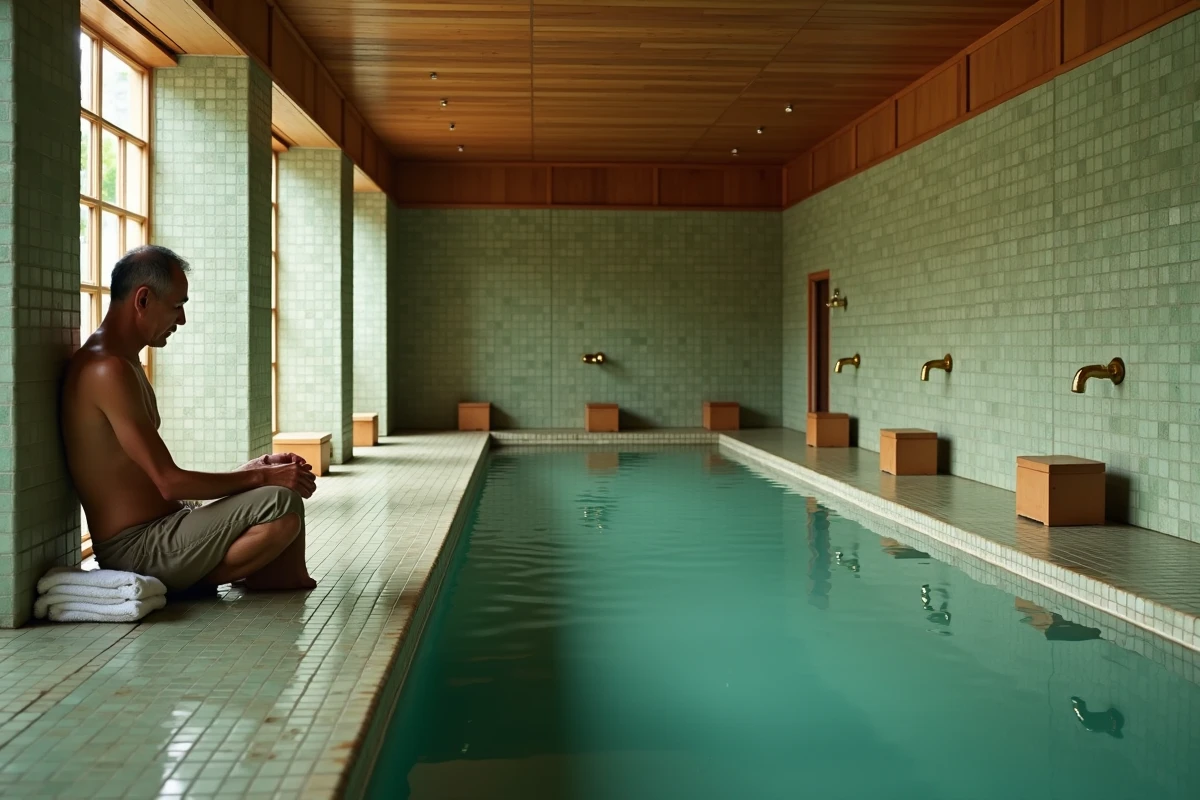 Intérieur authentique d'un bain public japonais avec carrelage vert et boiseries en cyprès hinoki