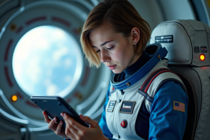 Jeune astronaute femme dans la cabine spatiale examinant une tablette