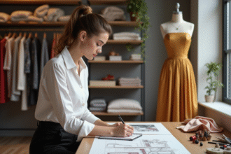 Jeune créatrice de mode esquissant dans son atelier créatif