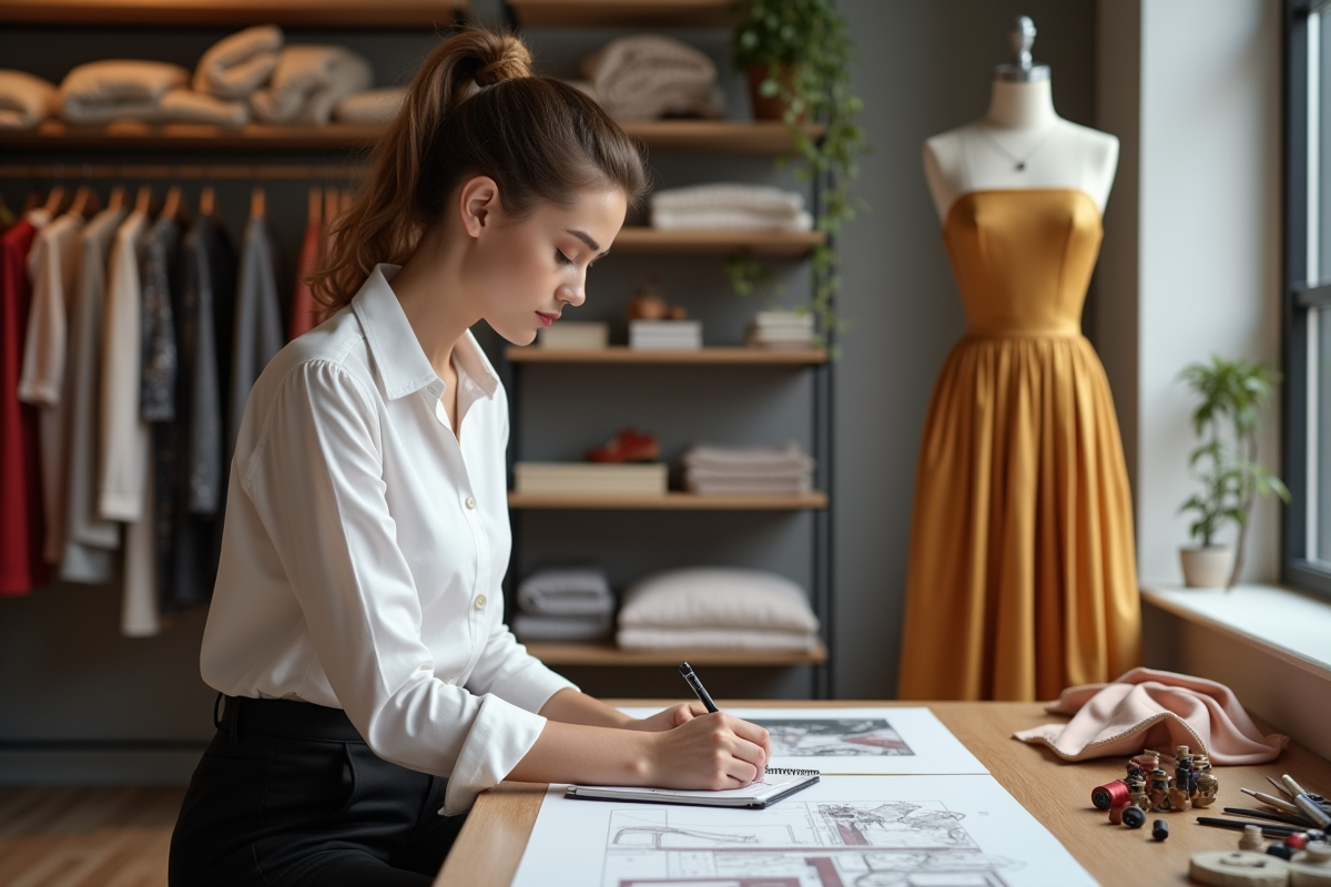 Jeune créatrice de mode esquissant dans son atelier créatif