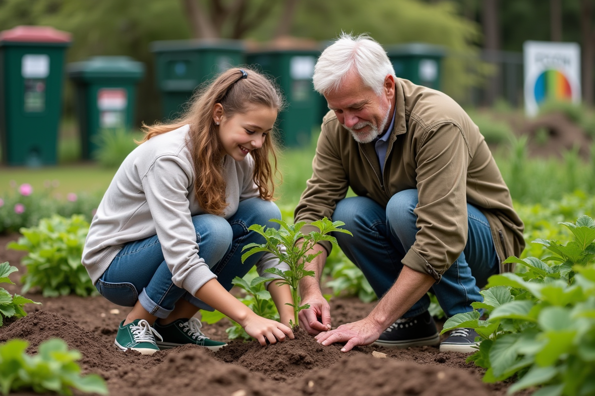 Jeune fille et grand-pere plantant un arbre dans un jardin communautaire