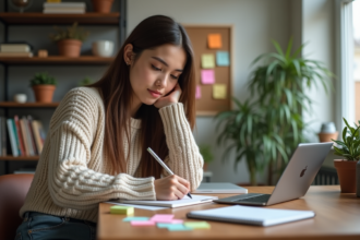 Jeune femme concentrée dans son bureau moderne avec notes et tablette