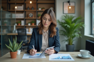 Jeune femme professionnelle utilisant une tablette dans un bureau moderne