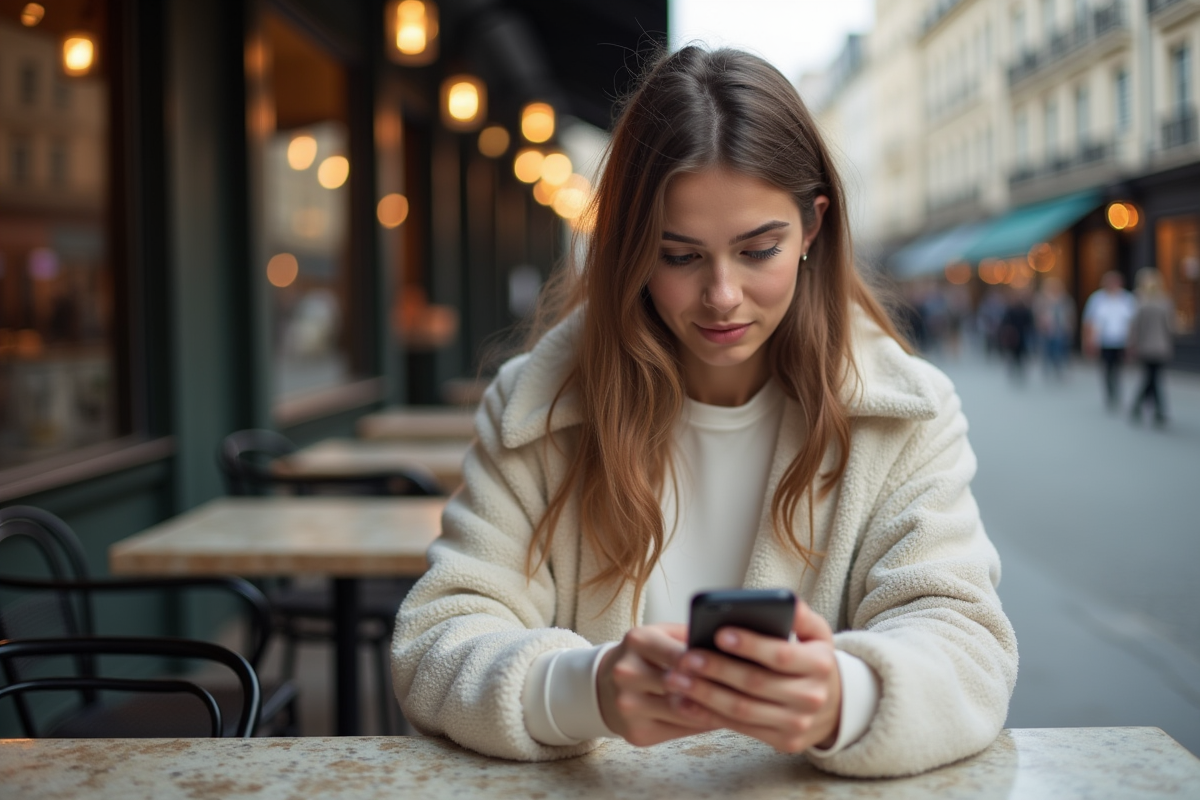 Jeune femme en streetwear regardant son smartphone en extérieur