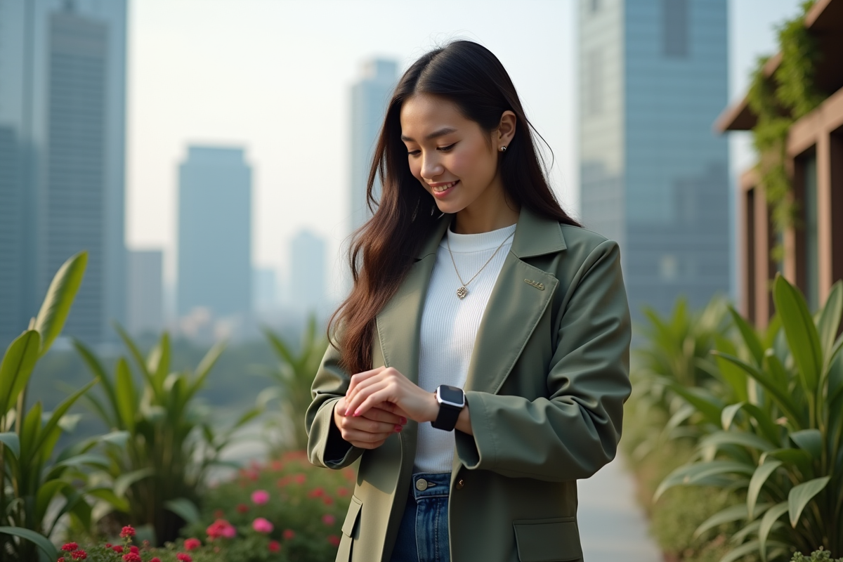 Jeune femme en portrait avec manteau innovant et smartwatch