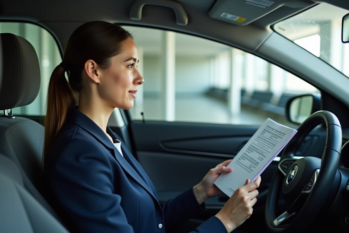 Jeune femme regardant le tableau de bord de sa voiture