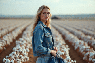 Jeune femme en denim contemplant un champ de coton