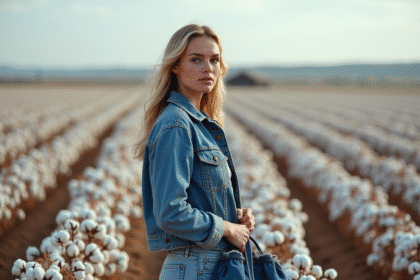 Jeune femme en denim contemplant un champ de coton