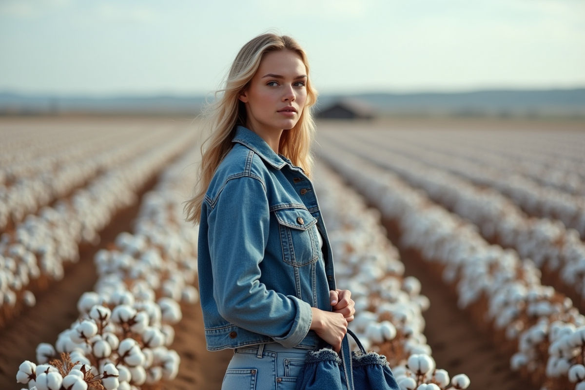 Jeune femme en denim contemplant un champ de coton