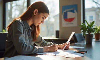 Jeune femme remplissant un formulaire à la mairie avec affiches électorales