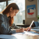 Jeune femme remplissant un formulaire à la mairie avec affiches électorales