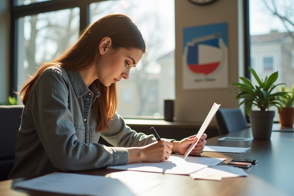 Jeune femme remplissant un formulaire à la mairie avec affiches électorales