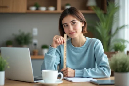 Jeune femme mesure son pouce avec une règle en plastique