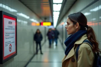 Jeune femme lisant un écran digital dans le métro parisien