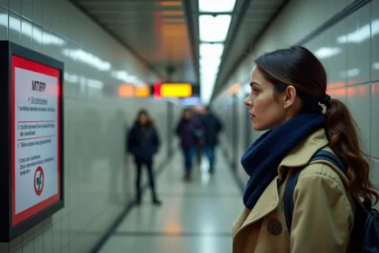 Jeune femme lisant un écran digital dans le métro parisien
