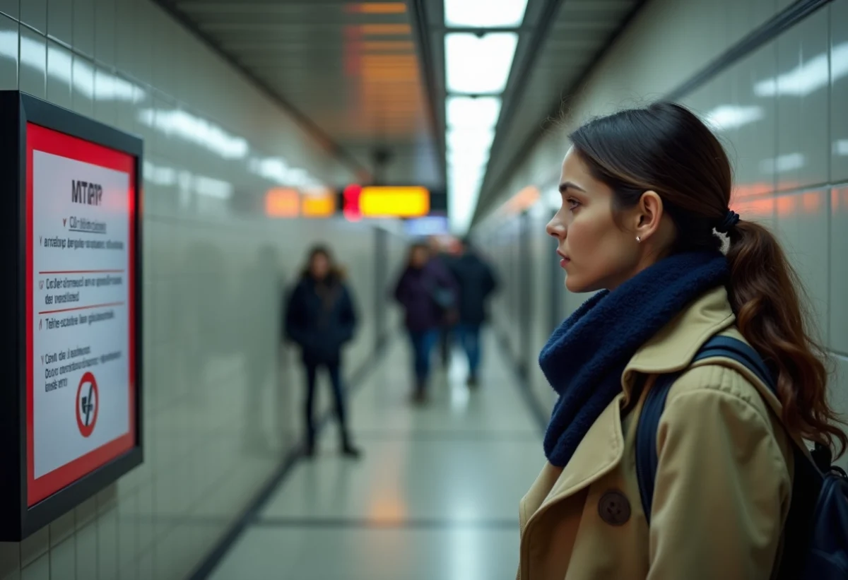 Jeune femme lisant un écran digital dans le métro parisien