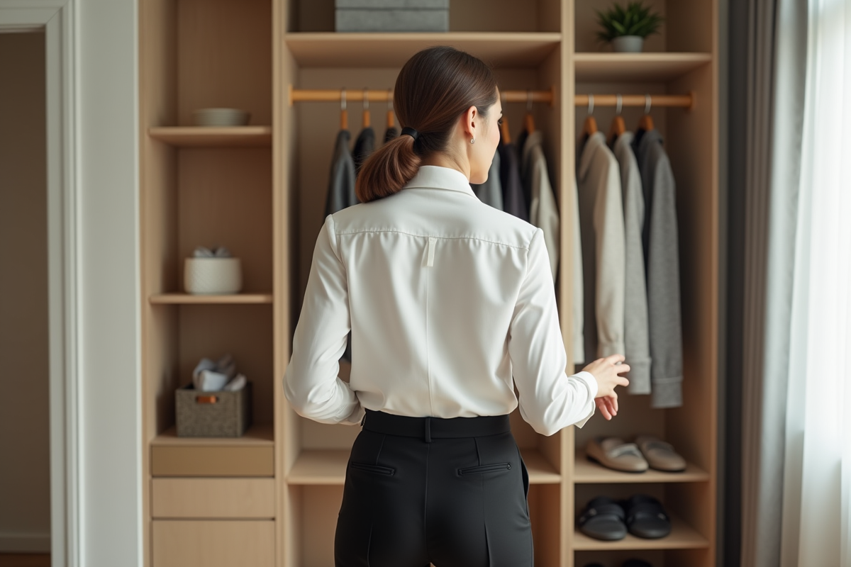 Jeune femme triant une garde-robe minimaliste dans une chambre lumineuse